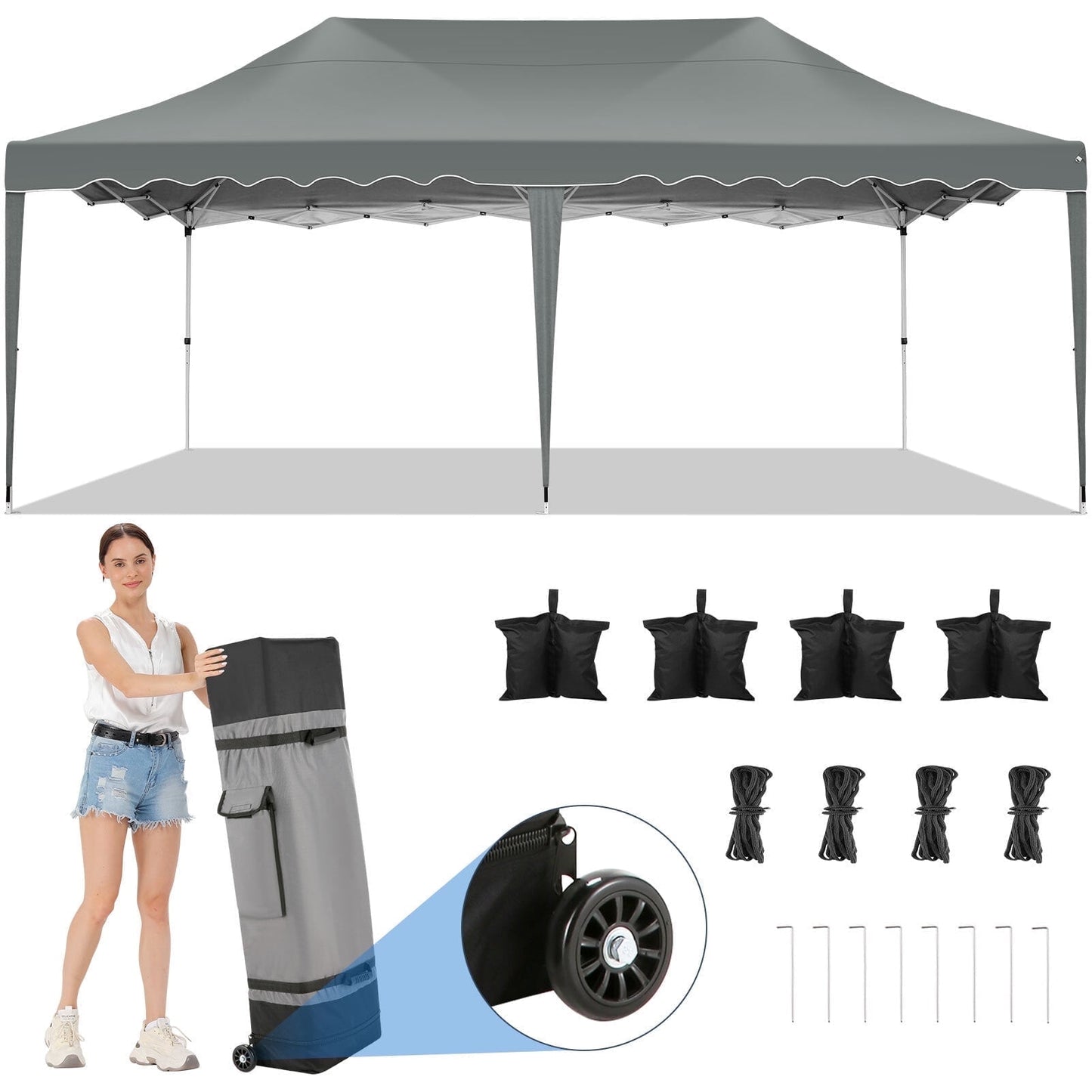 COBIZI 10x20 Canopy Tent Pop Up Canopy, Outdoor Shade Tent with Wheeled Bag & Curled Edge Fully Waterproof, Portable Event Tents for Parties, Wedding, Backyard, Camping,gray