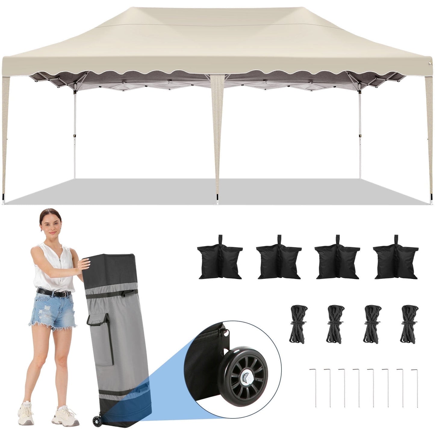 COBIZI 10x20 Canopy Tent Pop Up Canopy, Outdoor Shade Tent with Wheeled Bag & Curled Edge Fully Waterproof, Portable Event Tents for Parties, Wedding, Backyard, Camping,khaki