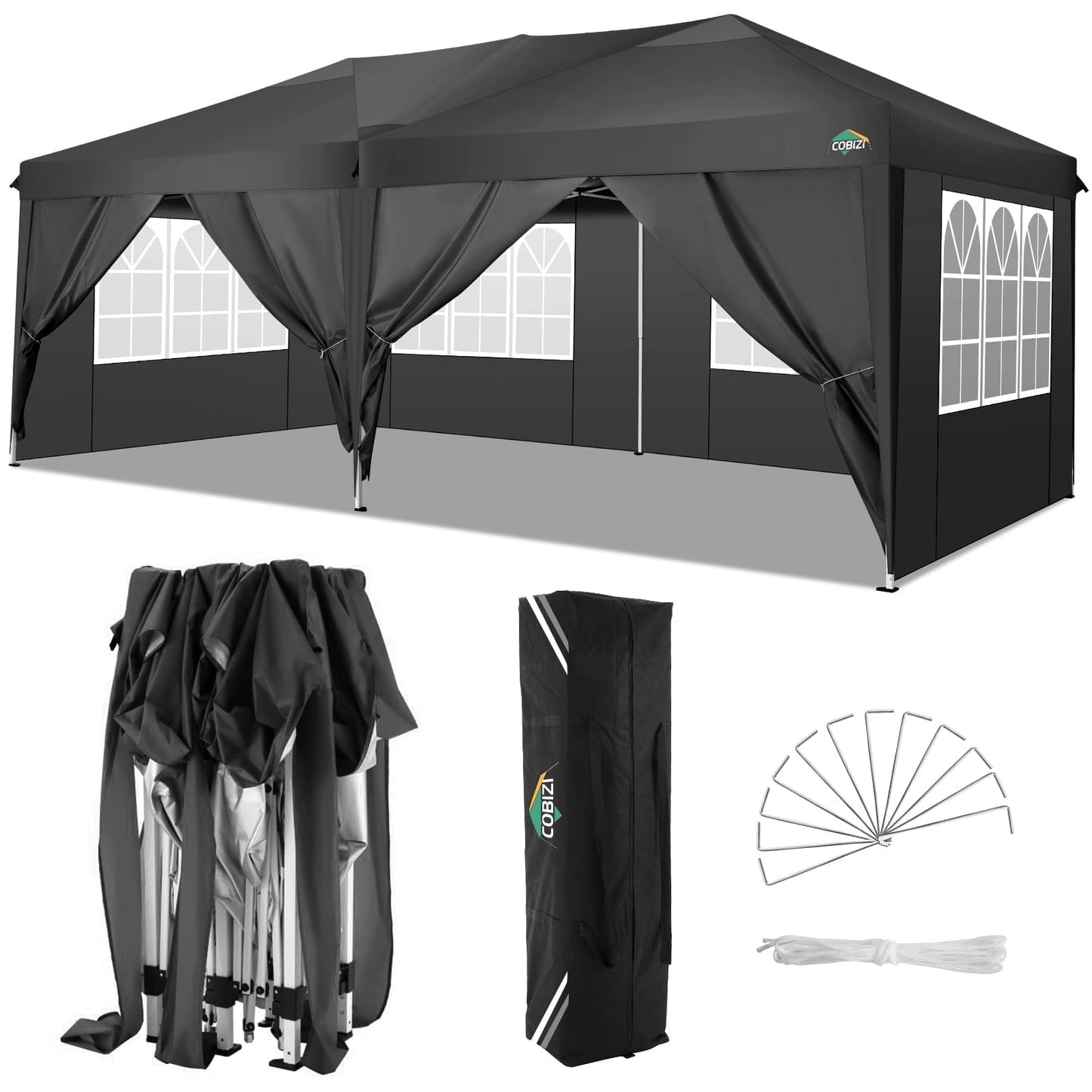 COBIZI 10x20 EZ Pop Up Canopy Tent Party Tent Outdoor Event Protable Instant Shelter Canopy Gazebo with 6 Removable Sidewalls and Carry Bag,Black