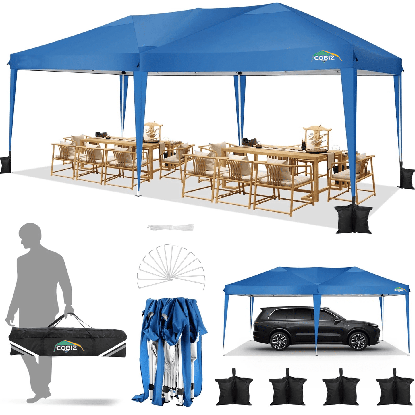 COBIZI 10x20 EZ Pop Up Canopy Tent Party Tent Outdoor Event Protable Instant Shelter Tent Gazebo with 6 Removable Sidewalls and Carry Bag,Blue
