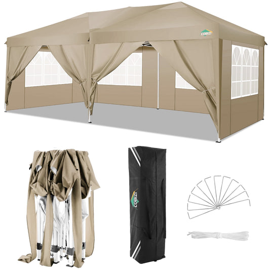 COBIZI 10x20 Pop up Canopy Party Tent Outdoor Event Protable Instant Shelter Canopy Shade with 6 Removable Sidewalls and Carry Bag,Khaki