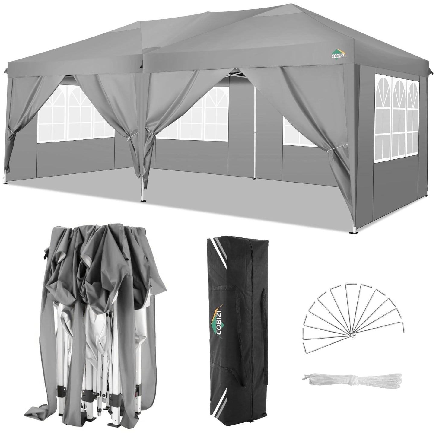 COBIZI 10x20 EZ Pop Up Canopy Tent Party Tent Outdoor Event Protable Instant Shelter Tent Gazebo with 6 Removable Sidewalls and Carry Bag,Gray