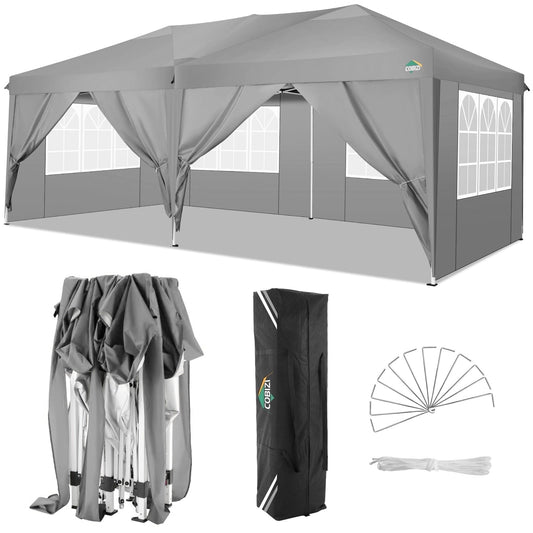 COBIZI 10x20 EZ Pop Up Canopy Tent Party Tent Outdoor Event Protable Instant Shelter Tent Gazebo with 6 Removable Sidewalls and Carry Bag,Gray