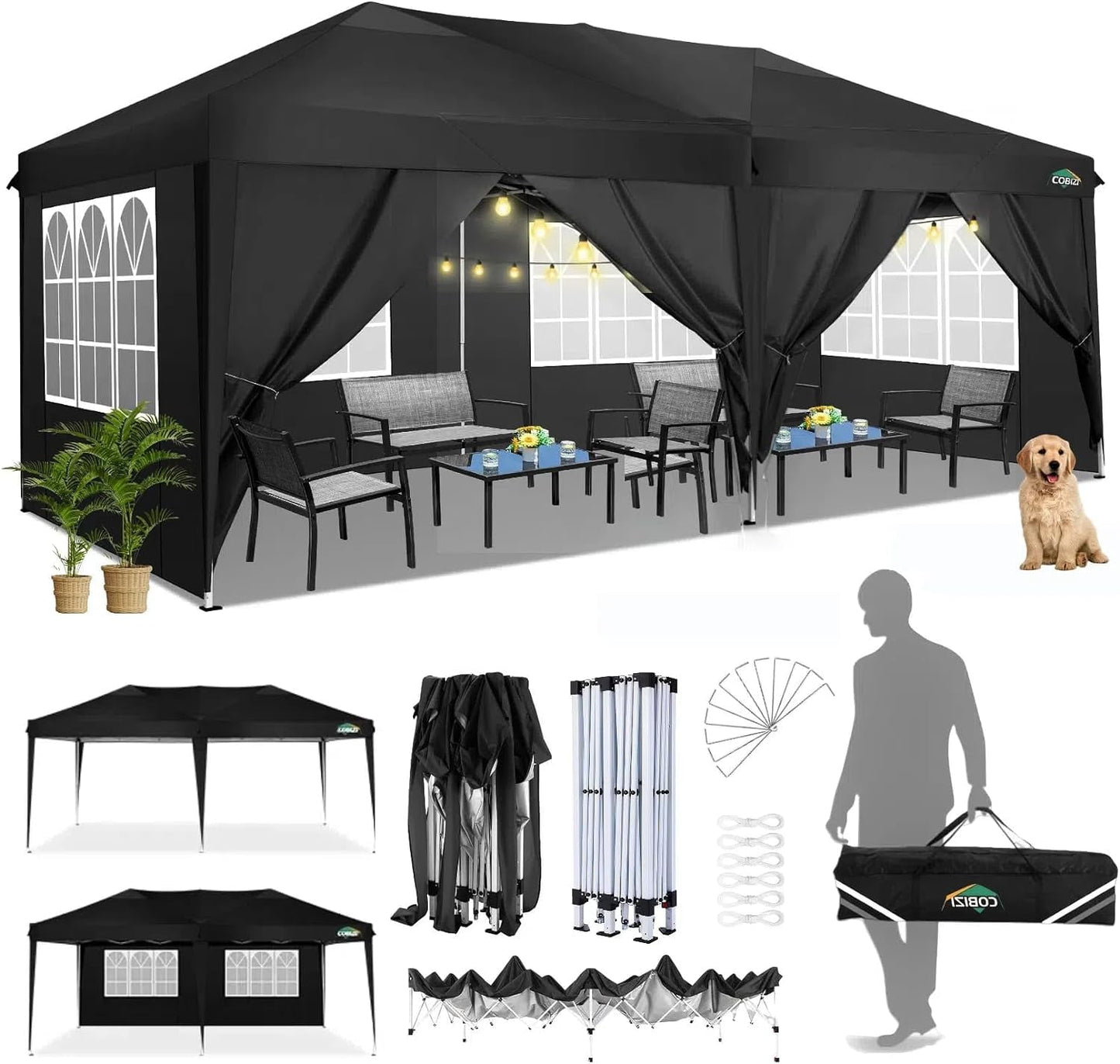 COBIZI 10x20 EZ-UP Canopy Tent Waterproof Canopy,Protable Instant Shelter Gazebo with 6 Removable Sidewalls and Carry Bag,Black