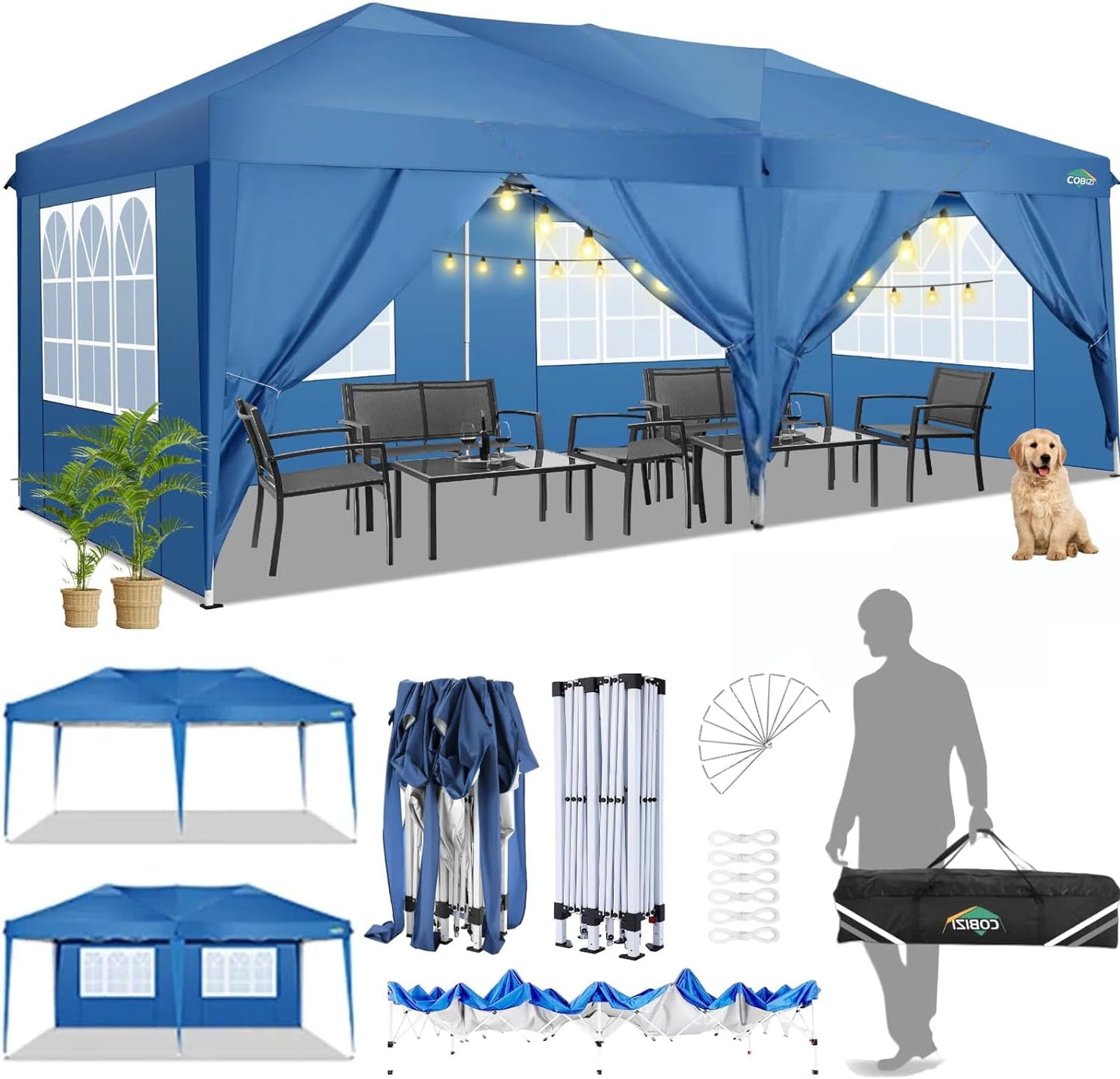 COBIZI 10x20 EZ-UP Canopy Tent Waterproof Canopy,Protable Instant Shelter Gazebo with 6 Removable Sidewalls and Carry Bag,Blue