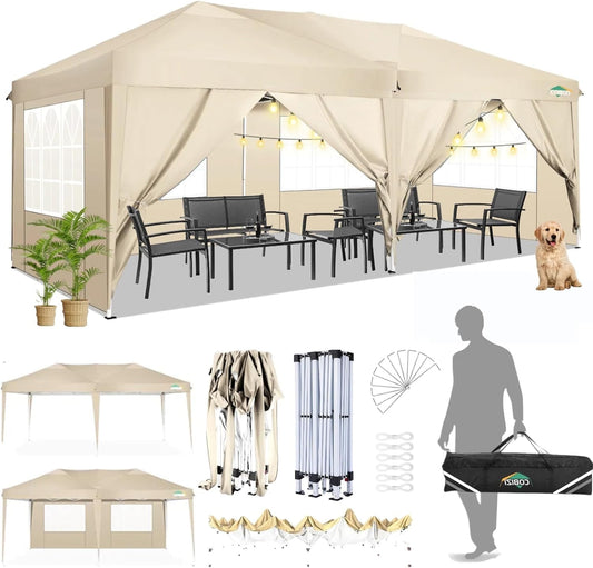 COBIZI 10x20 Pop Up Canopy Tent Party Canopy Outdoor Event Protable Instant Shelter Canopy Gazebo with 6 Removable Sidewalls and Carry Bag,Khaki
