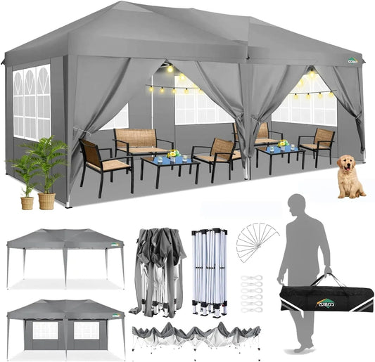 COBIZI 10x20 EZ-Up Canopy Tent Party Tent Outdoor Event Protable Instant Shelter Tent Gazebo with 6 Removable Sidewalls and Carry Bag,Gray