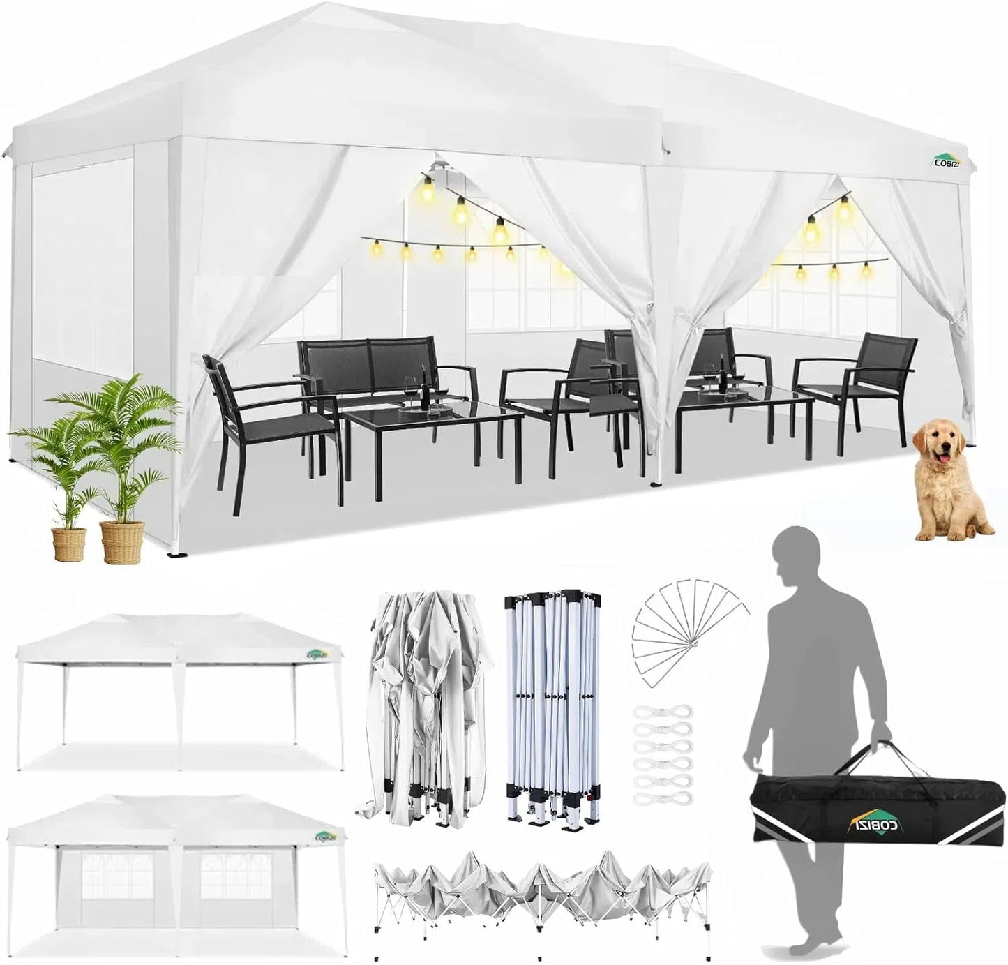 COBIZI 10x20 Pop Up Canopy Tent Party Canopy Outdoor Event Protable Instant Shelter Canopy Gazebo with 6 Removable Sidewalls and Carry Bag,White