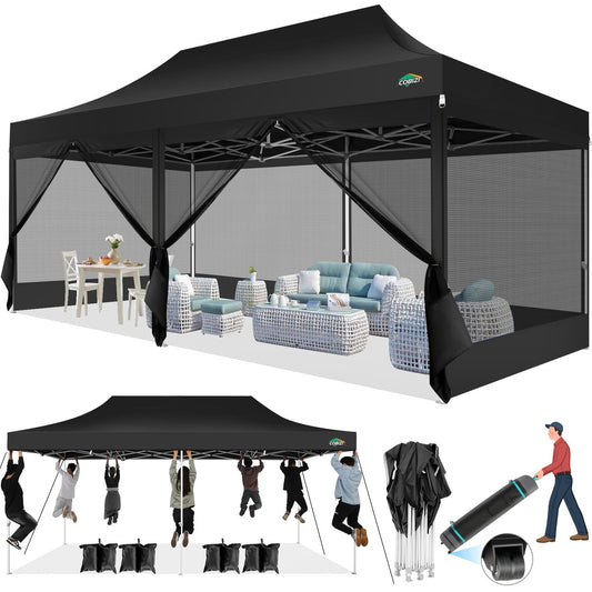 COBIZI 10x20 Heavy Duty Pop up Canopy with Mosquito Net,Instant Outdoor Shelter Large Canopy Tent for Outside,Gazebo with Mesh Sidewalls for Party,Backyard,Camping,Black