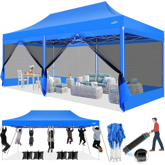 COBIZI 10x20 Heavy Duty Pop up Canopy with Mosquito Net,Instant Outdoor Shelter Large Canopy Tent for Outside,Gazebo with Mesh Sidewalls for Party,Backyard,Camping,Blue
