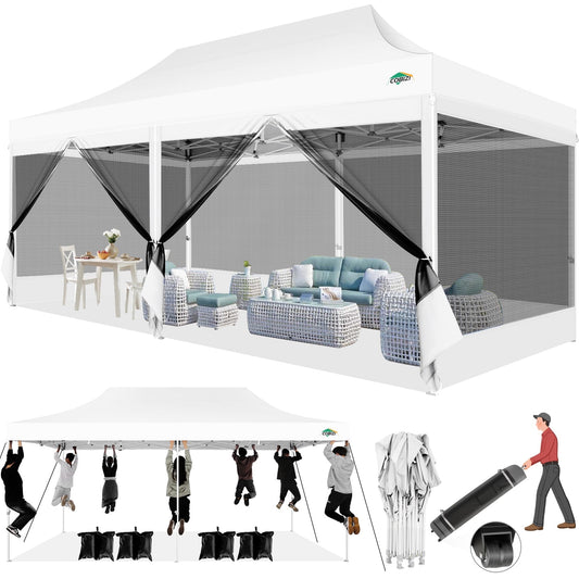 COBIZI 10x20 Heavy Duty Pop up Canopy with Mosquito Net,Instant Outdoor Shelter Large Canopy Tent for Outside,Gazebo with Mesh Sidewalls for Party,Backyard,Camping,White