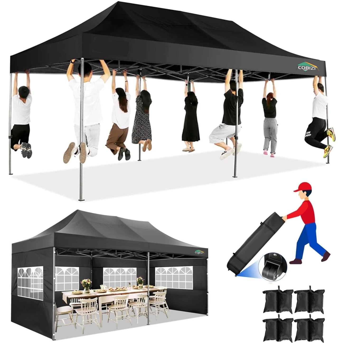 COBIZI 10x20 Heavy Duty Pop up Canopy Tent with 6 sidewalls Easy Up Commercial Outdoor Canopy Wedding Party Tent for Beach All Season Wind & Waterproof Gazebo with Roller Bag,Black(Frame Thickened)