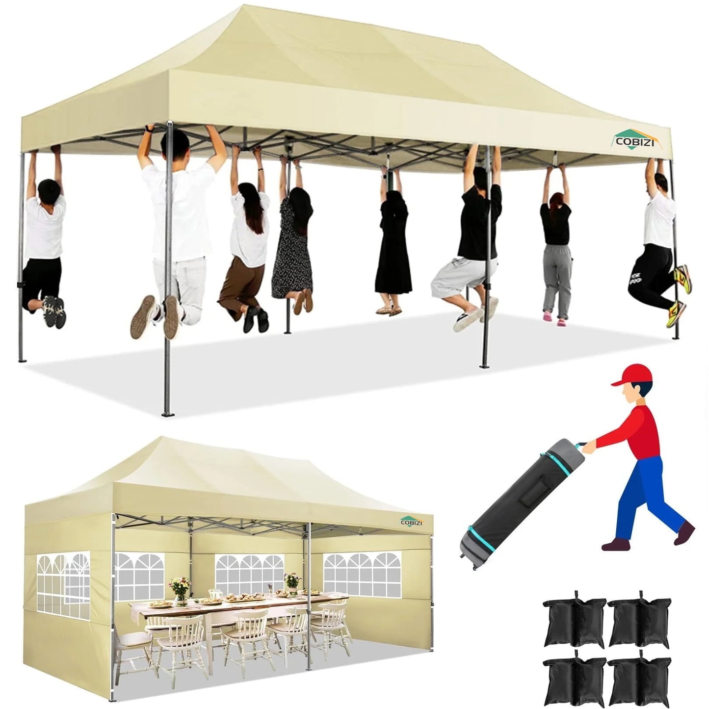 COBIZI 10x20 Heavy Duty Pop up Canopy Tent with 6 sidewalls Easy Up Commercial Outdoor Canopy Wedding Party Tent for Beach All Season Wind & Waterproof Gazebo with Roller Bag,Khaki (Frame Thickened)