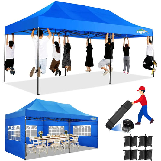 COBIZI 10x20 Heavy Duty Pop up Canopy Tent with 6 sidewalls Easy Up Commercial Outdoor Canopy Wedding Party Tents for Parties All Season Wind & Waterproof Gazebo with Roller Bag,Blue(Frame Thickened)