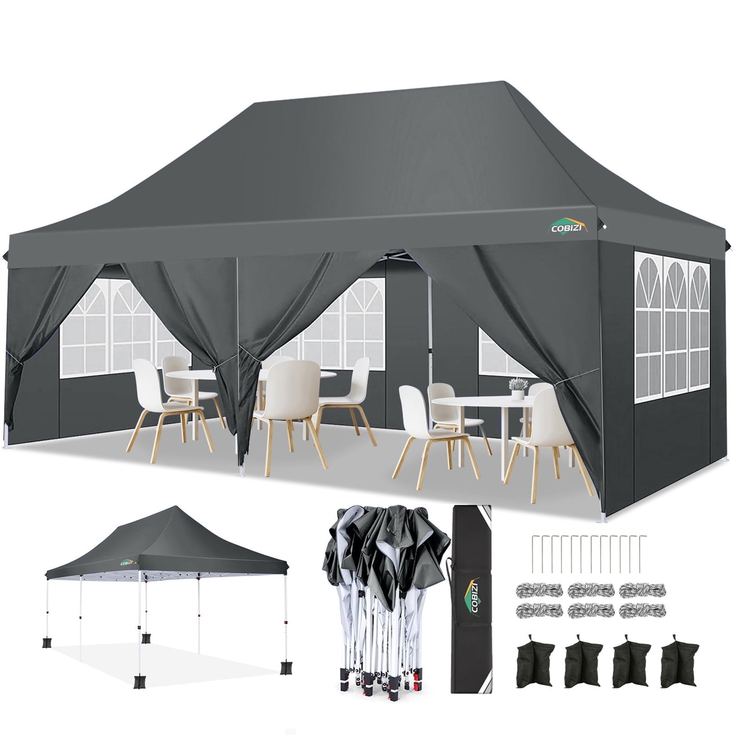 COBIZI 10x20 Pop up Canopy with 6 Removable Sidewalls,Outdoor Waterproof Canopy Tents for Partie Wedding,Instant Sun Protection Shelter with Upgrade Raised Roof and Carry Bag,Gray