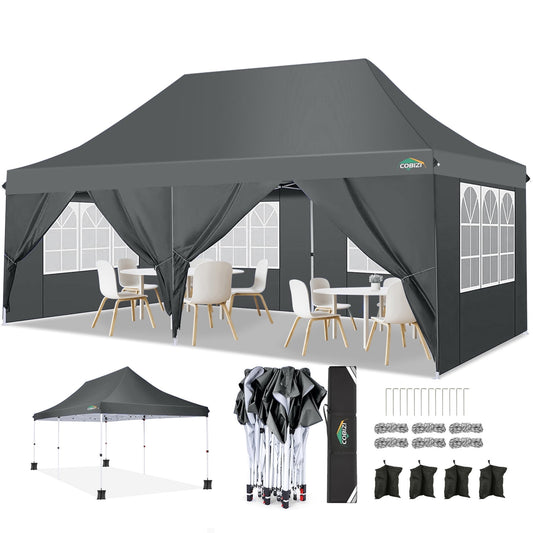 COBIZI 10x20 Pop up Canopy with 6 Removable Sidewalls,Outdoor Waterproof Canopy Tents for Partie Wedding,Instant Sun Protection Shelter with Upgrade Raised Roof and Carry Bag,Gray