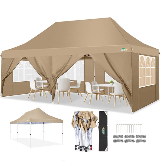 COBIZI 10x20 Pop up Canopy with 6 Removable Sidewalls,Outdoor Waterproof Canopy Tents for Partie Wedding,Instant Sun Protection Shelter with Upgrade Raised Roof and Carry Bag,Khaki