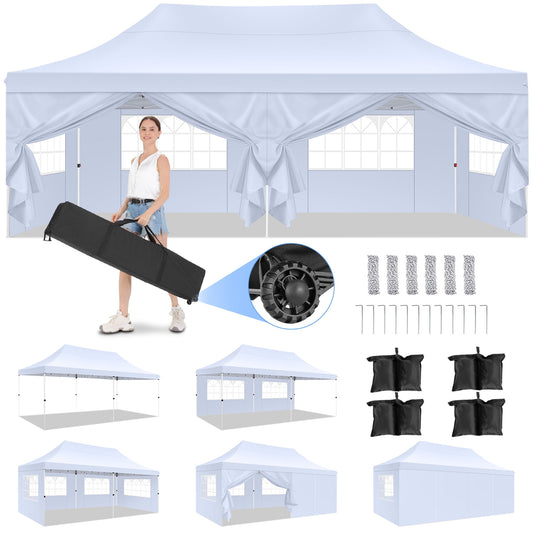 COBIZI 10x20 Pop up Canopy with 6 Removable Sidewalls,Outdoor Waterproof Canopy Tents for Partie Wedding,Instant Sun Protection Shelter with Upgrade Raised Roof and Carry Bag,White