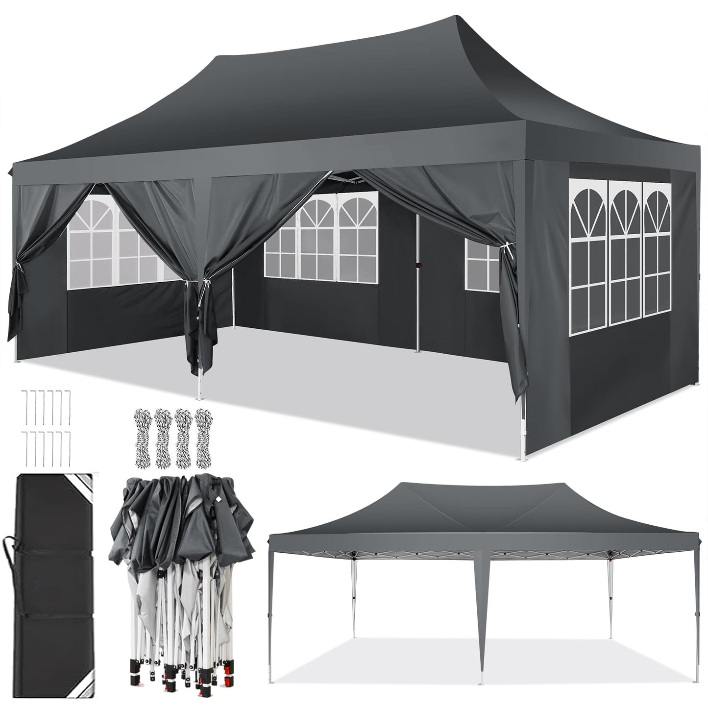 Hoteel 10x20 Pop up Canopy Gazebo,Outdoor Canopy Tent with 6 Removable Sidewalls,Easy up Sun Shade UV Blocking Waterproof Outdoor Tent for Backyard,Parties,Wedding,Birthday,BBQ,Black