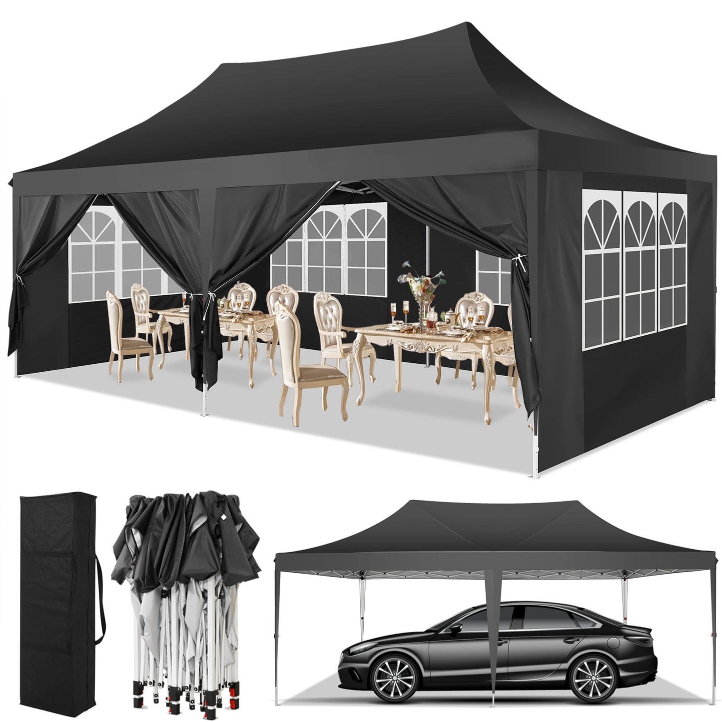 Hoteel 10x20 Pop up Canopy Gazebo,Outdoor Canopy Tent with 6 Removable Sidewalls,Easy up Sun Shade UV Blocking Waterproof Outdoor Tent for Backyard,Parties,Wedding,Birthday,BBQ,Black