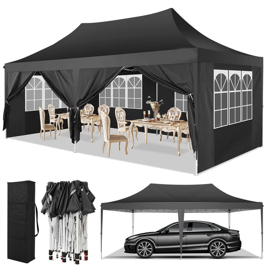 Hoteel 10x20 Pop up Canopy Gazebo,Outdoor Canopy Tent with 6 Removable Sidewalls,Easy up Sun Shade UV Blocking Waterproof Outdoor Tent for Backyard,Parties,Wedding,Birthday,BBQ,Black