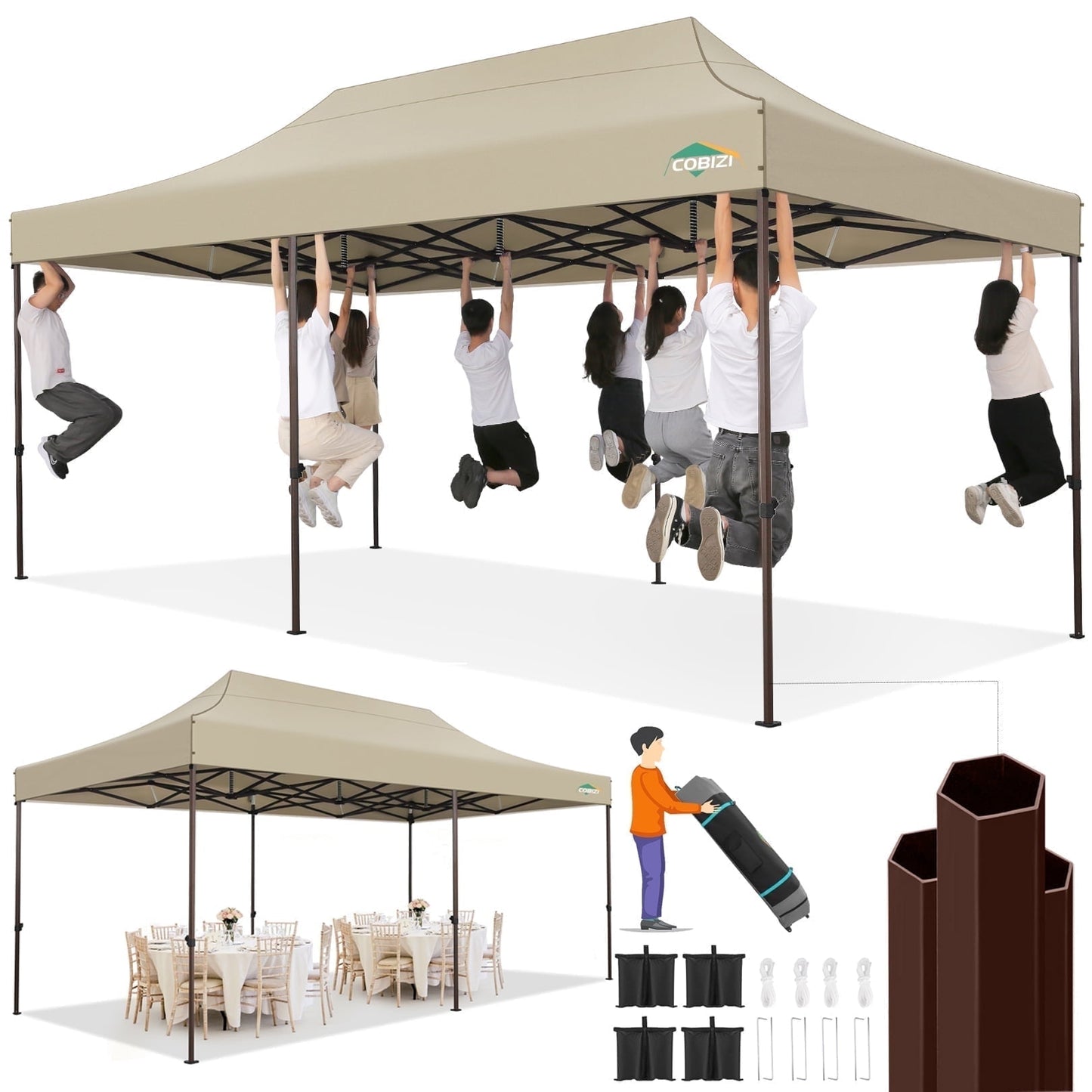 COBIZI 10x20 Pop up Canopy Without Sidewall Heavy Duty Commercial Outdoor Canopy Ez Up Wedding Party Tents for Parties with Roller Bag, Wind & Waterproof UPF50+,Upgrade Hexagonal Tube,khaki