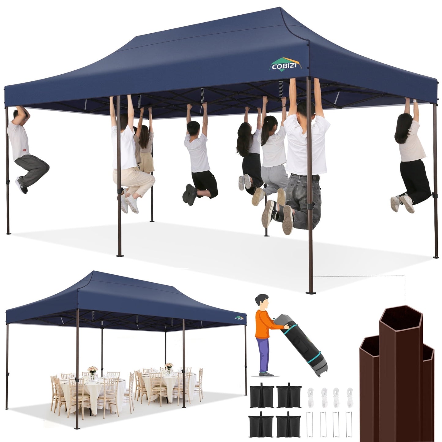 COBIZI 10x20 Pop up Canopy Without Sidewall Heavy Duty Commercial Outdoor Canopy Ez Up Wedding Party Tents for Parties with Roller Bag, Wind & Waterproof UPF50+,Upgrade Hexagonal Tube,khaki