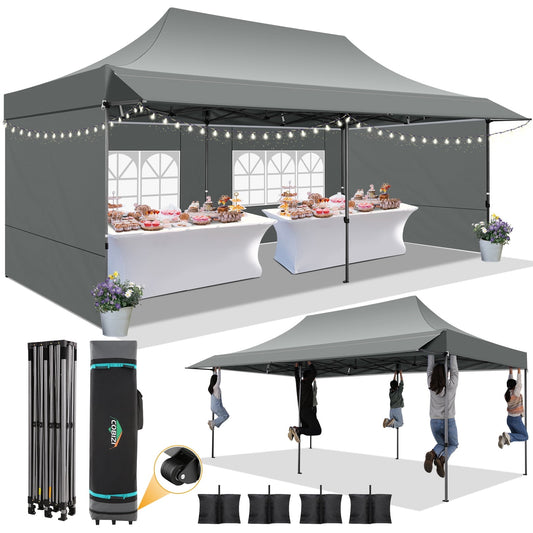COBIZI 10x20 Pop Up Canopy Heavy Duty Party Tent with Removable Awning and Sidewalls,Easy Up Outdoor Wedding Canopy,Gazebo All Season Windproof&Waterproof with Roller Bag UPF 50+,Gray