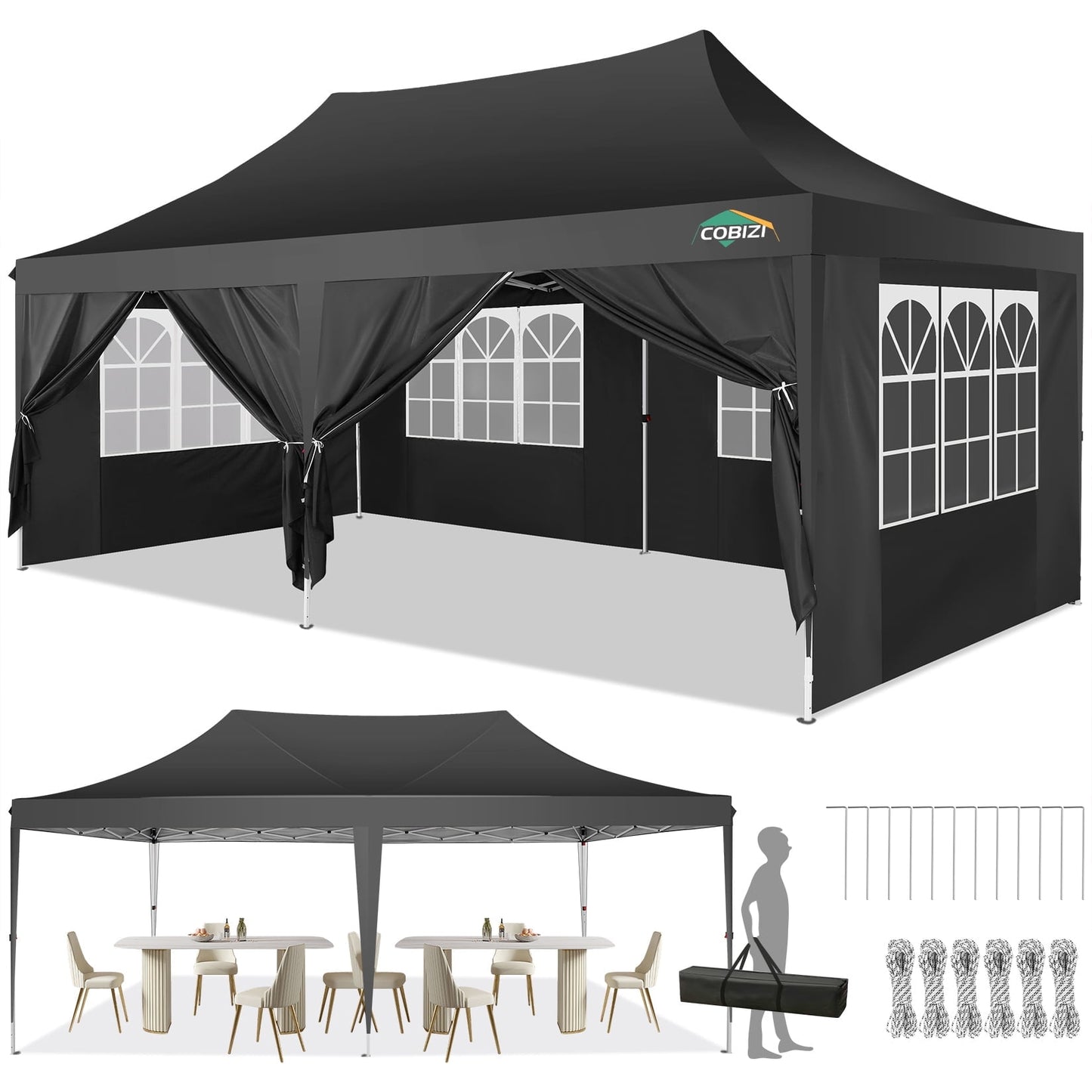 COBIZI 10x20 Pop Up Canopy Tent with 6 Sidewalls,Upgrade Structure Wind & Waterproof Easy up UV Blocking with Carry Bag,3 Adjustable Heights,Wedding Party Tent Outdoor Commercial Party Tent,black