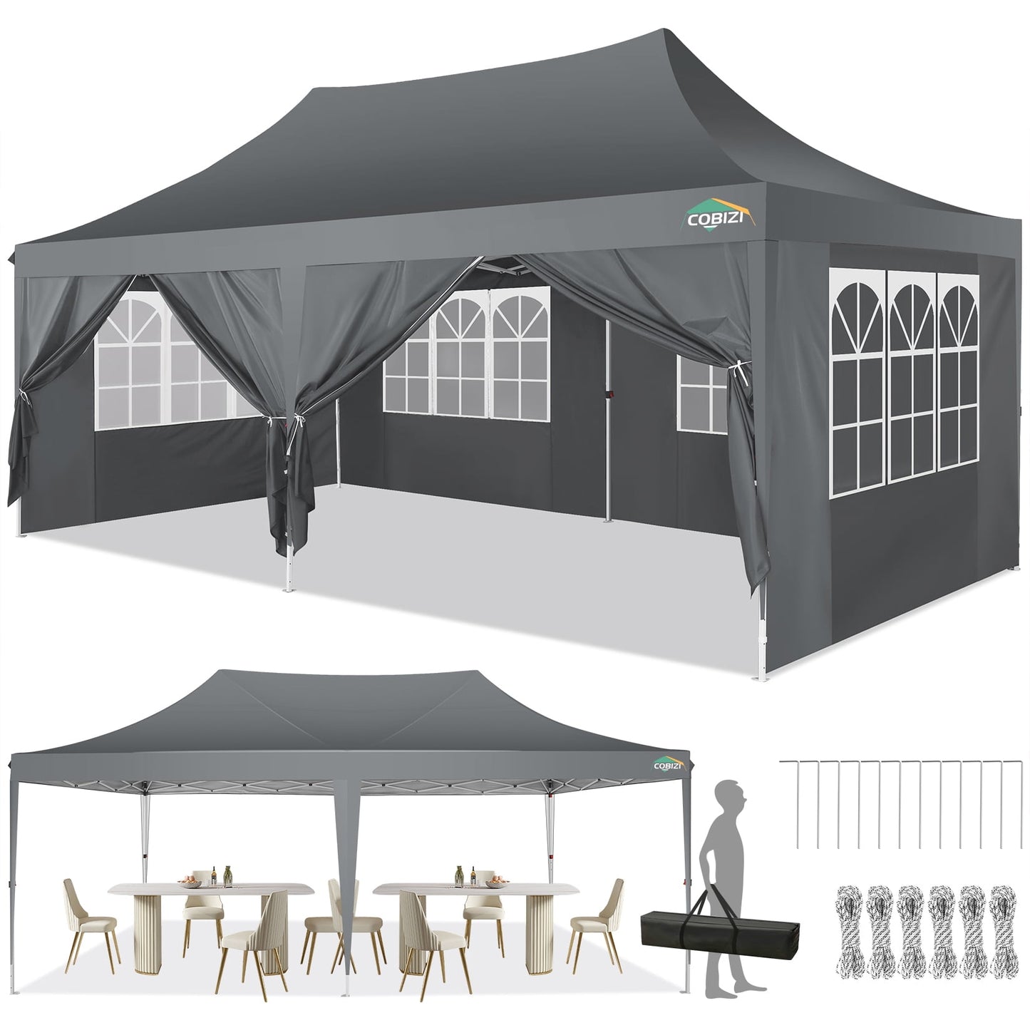 COBIZI 10x20 Pop Up Canopy Tent with 6 Sidewalls,Upgrade Structure Wind & Waterproof Easy up UV Blocking with Carry Bag,3 Adjustable Heights,Wedding Party Tent Outdoor Commercial Party Tent,black