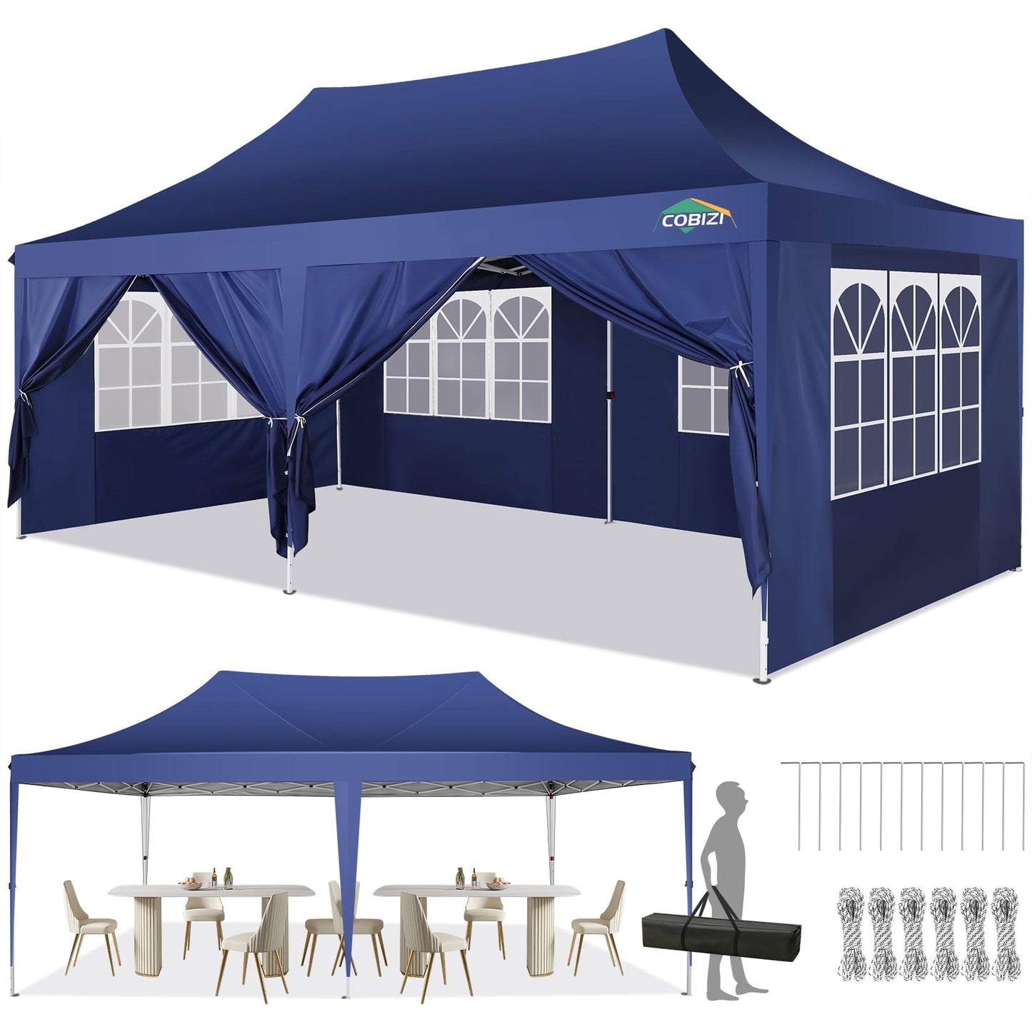 COBIZI 10x20 Pop Up Canopy Tent with 6 Sidewalls,Upgrade Structure Wind & Waterproof Easy up UV Blocking with Carry Bag,3 Adjustable Heights,Wedding Party Tent Outdoor Commercial Party Tent,black