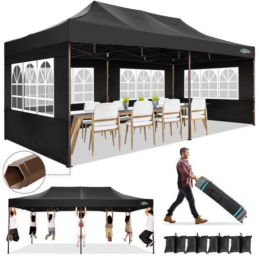 COBIZI 10x20 Heavy-Duty Pop-up Canopy Tent with UV50+ Sidewalls, Waterproof, Suitable for Events, Black