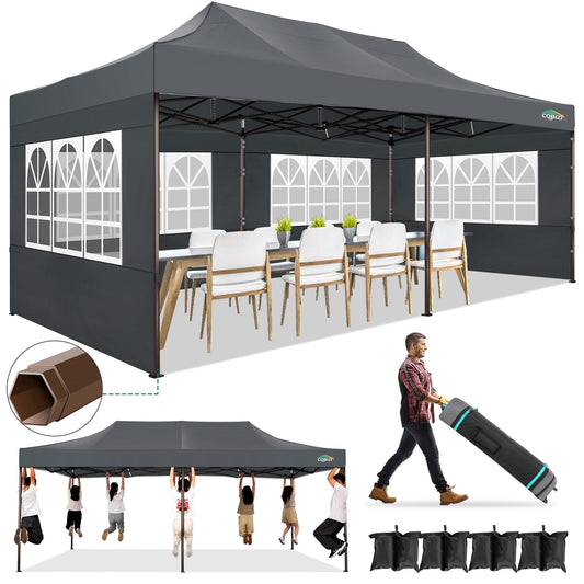 COBIZI 10x20 Pop Up Canopy Tent Heavy Duty with 6 Removable Sidewalls,Commercial Heavy Duty Pop Up Tent for Parties All Weather Waterproof and UV 50+ Wedding Tent with Roller Bag(Gray)