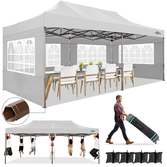 COBIZI 10x20 Pop Up Canopy Tent Heavy Duty with 6 Removable Sidewalls, Commercial Heavy Duty Pop Up Tent for Parties All Weather Waterproof and UV 50+ Wedding Tent with Roller Bag(White)