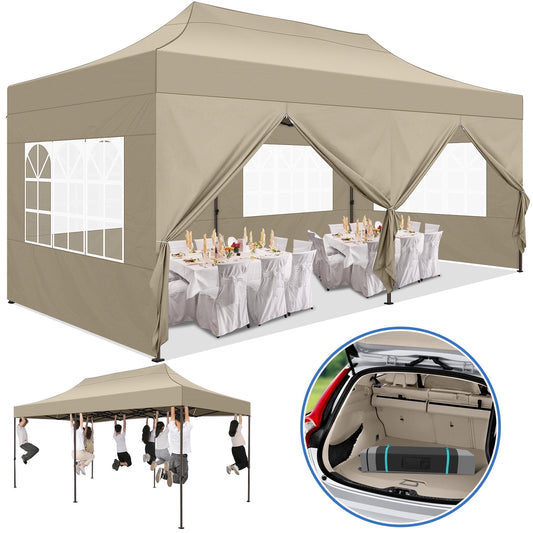 COBIZI 10x20 Pop Up Canopy Tent Heavy Duty with 6 Removable Sidewalls,Commercial Pop Up Tent for Parties All Weather Waterproof Wedding Tent with Roller Bag(Khaki)