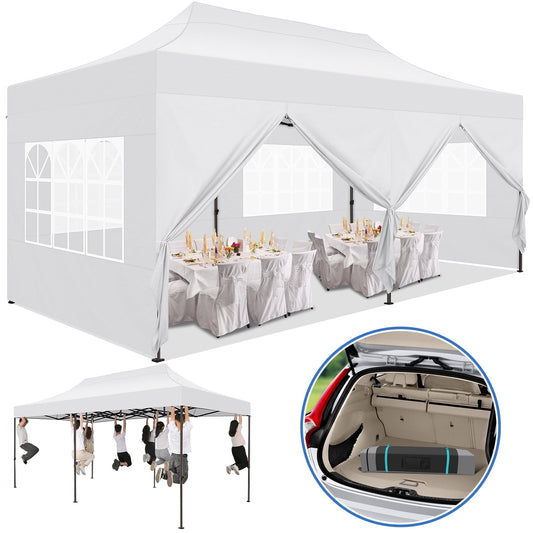 COBIZI 10x20 Pop Up Canopy Tent Heavy Duty with 6 Removable Sidewalls,Commercial Pop Up Tent for Parties All Weather Waterproof Wedding Tent with Roller Bag,White