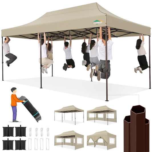 COBIZI 10x20 Pop Up Canopy Tent Heavy Duty with 6 Removable Sidewalls,Commercial Heavy Duty Pop Up Tent for Parties Waterproof and UV 50+ Wedding Tent with Roller Bag(Khaki)