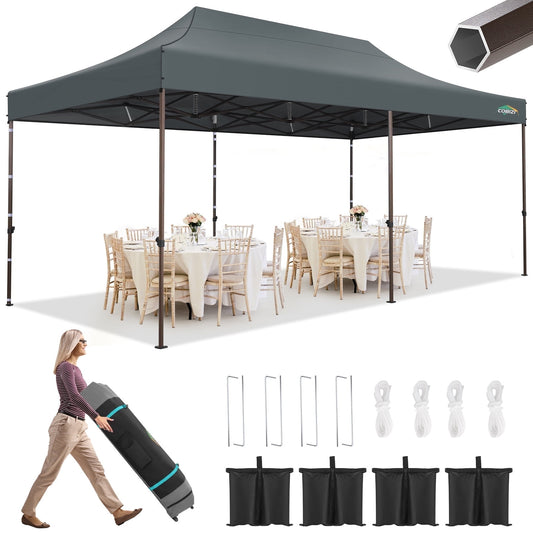 COBIZI 10x20 Pop Up Heavy Duty Canopy Tent with 4 Sandbags, Commercial Pop Up Tent for Parties All Weather Waterproof and UV 50+ Wedding Tent with Roller Bag, Outdoor Gazebo for Patio,gray