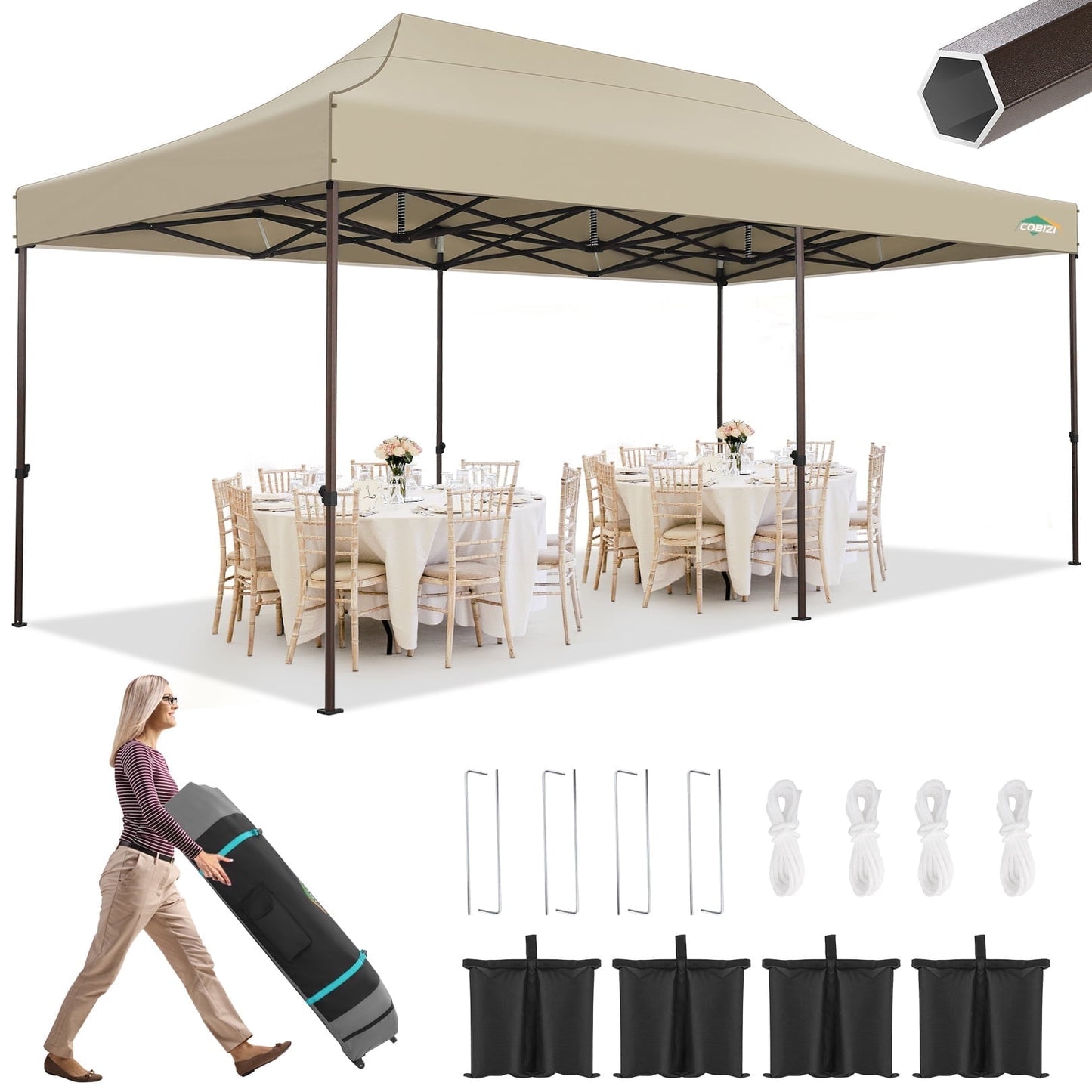 COBIZI 10x20 Pop Up Heavy Duty Canopy Tent with 4 Sandbags, Commercial Pop Up Tent for Parties All Weather Waterproof and UV 50+ Wedding Tent with Roller Bag, Outdoor Gazebo for Patio,khaki
