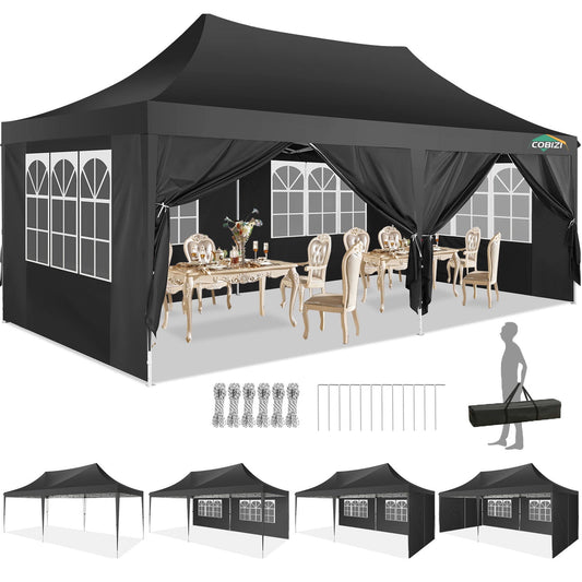 COBIZI 10x20 Pop up Canopy Gazebo, Outdoor Canopy Tent with 6 Removable Sidewalls,for Backyard, Parties, Wedding, Black