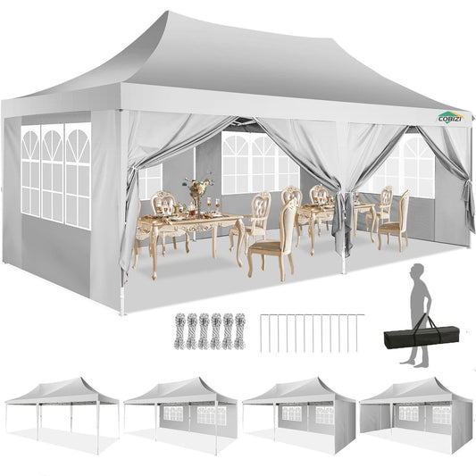 COBIZI 10x20 Pop up Canopy Gazebo, Outdoor Canopy Tent with 6 Removable Sidewalls,for Backyard, Parties, Wedding, White