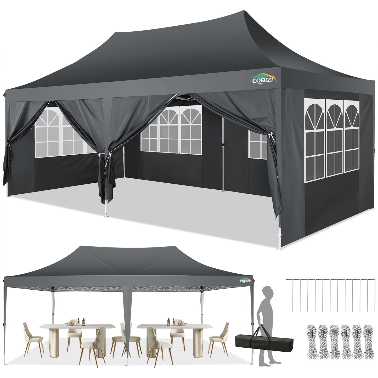 COBIZI 10x20 Pop-up Canopy Tent,Outdoor Events Canopy Tent with 6 Removable Sidewalls,for Backyard,Parties,Wedding,Gray
