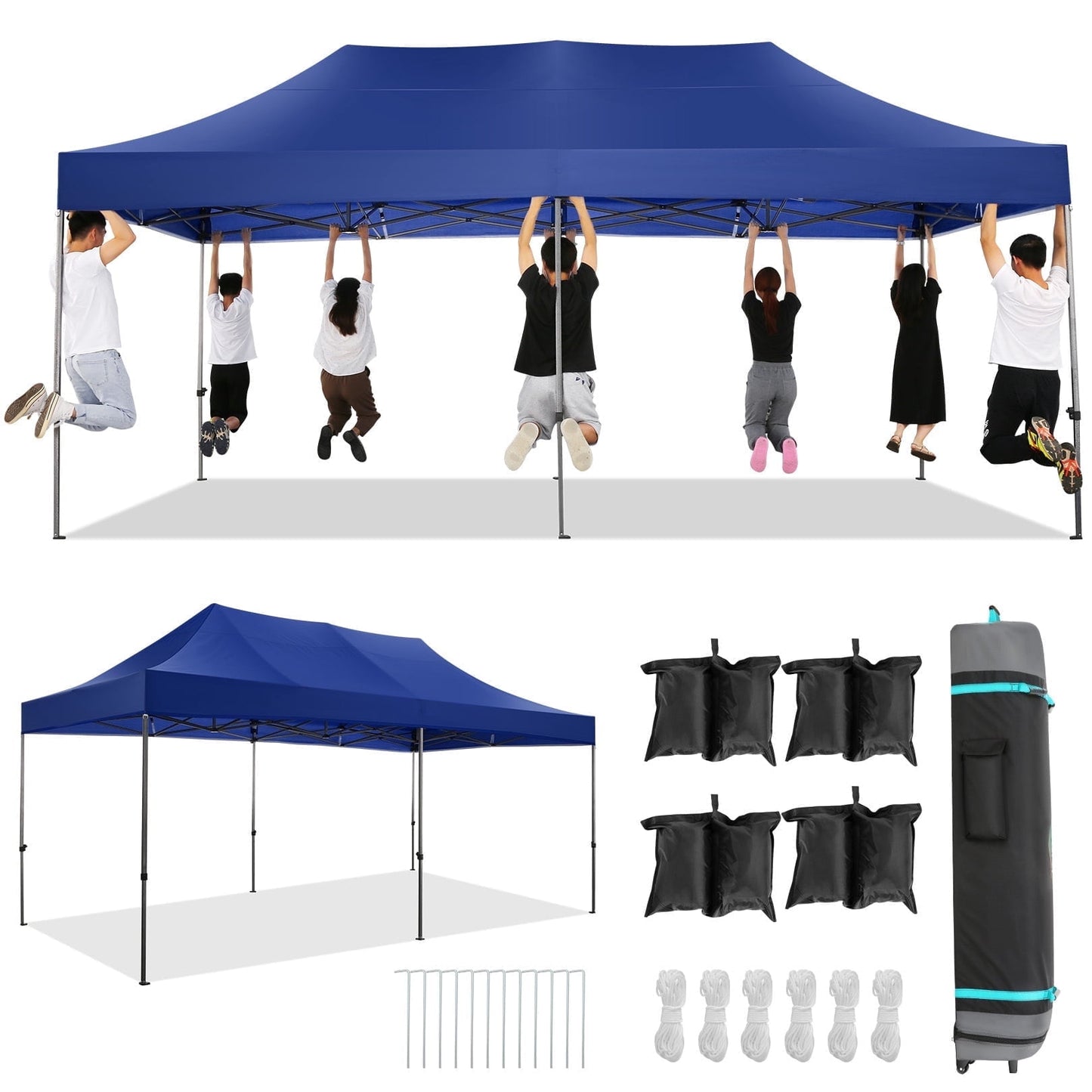 COBIZI 10x20 Pop-up Heavy Duty Canopy Tent with Adjustable Height, Waterproof and Instant Outdoor Shelter, Summer Canopy for Beach,Party,Camping Includes 4 Sandbags,Roller Bag,Dark Blue