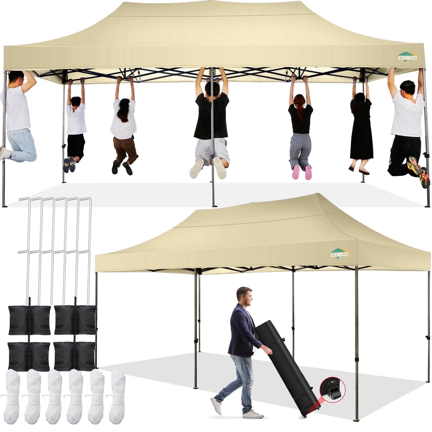 COBIZI 10x20 Pop-up Heavy Duty Canopy Tent with Adjustable Height, Waterproof and Instant Outdoor Shelter, Summer Canopy for Beach,Party,Camping Includes 4 Sandbags,Roller Bag,Dark Blue