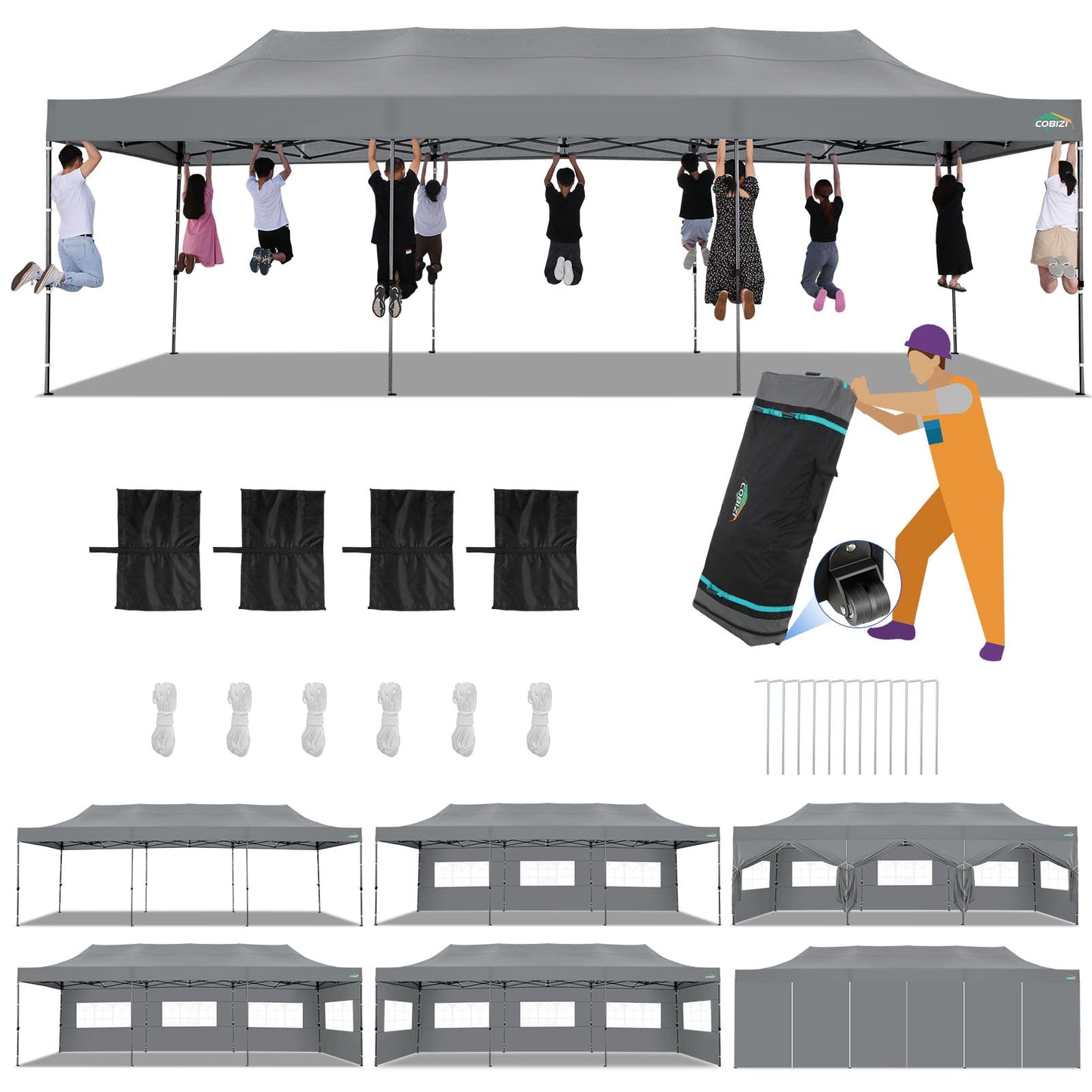 COBIZI 10x30 Heavy Duty Canopy with 8 Sidewalls,Outdoor Carport with Roller Bag,Pop up Tents for Parties,Wedding,Commercial,Gray
