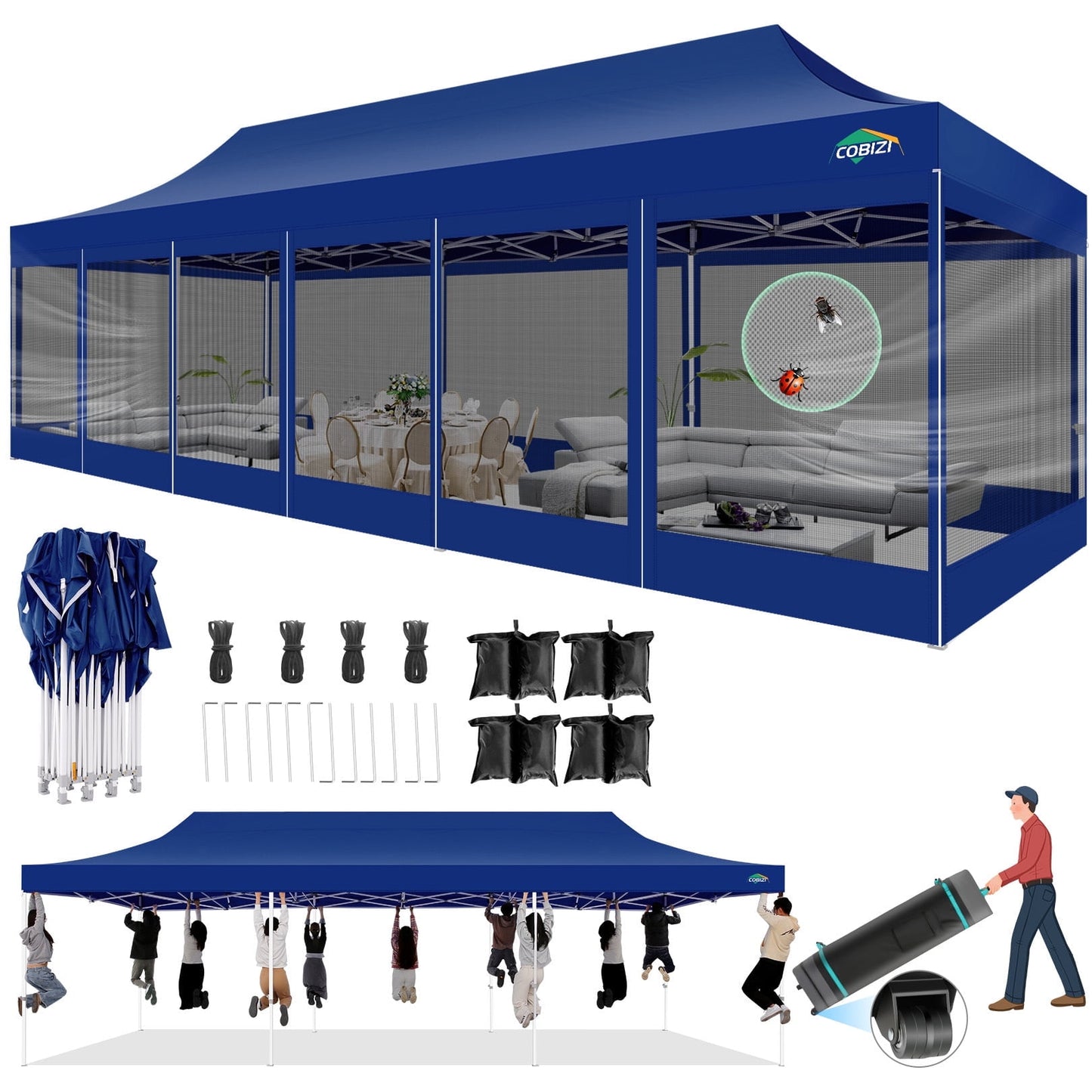 COBIZI 10x30 Heavy Duty Pop up Canopy with Mosquito Net,Instant Outdoor Shelter Large Canopy Tent for Outside,Gazebo with Mesh Sidewalls for Party,Backyard,Camping,Dark Blue