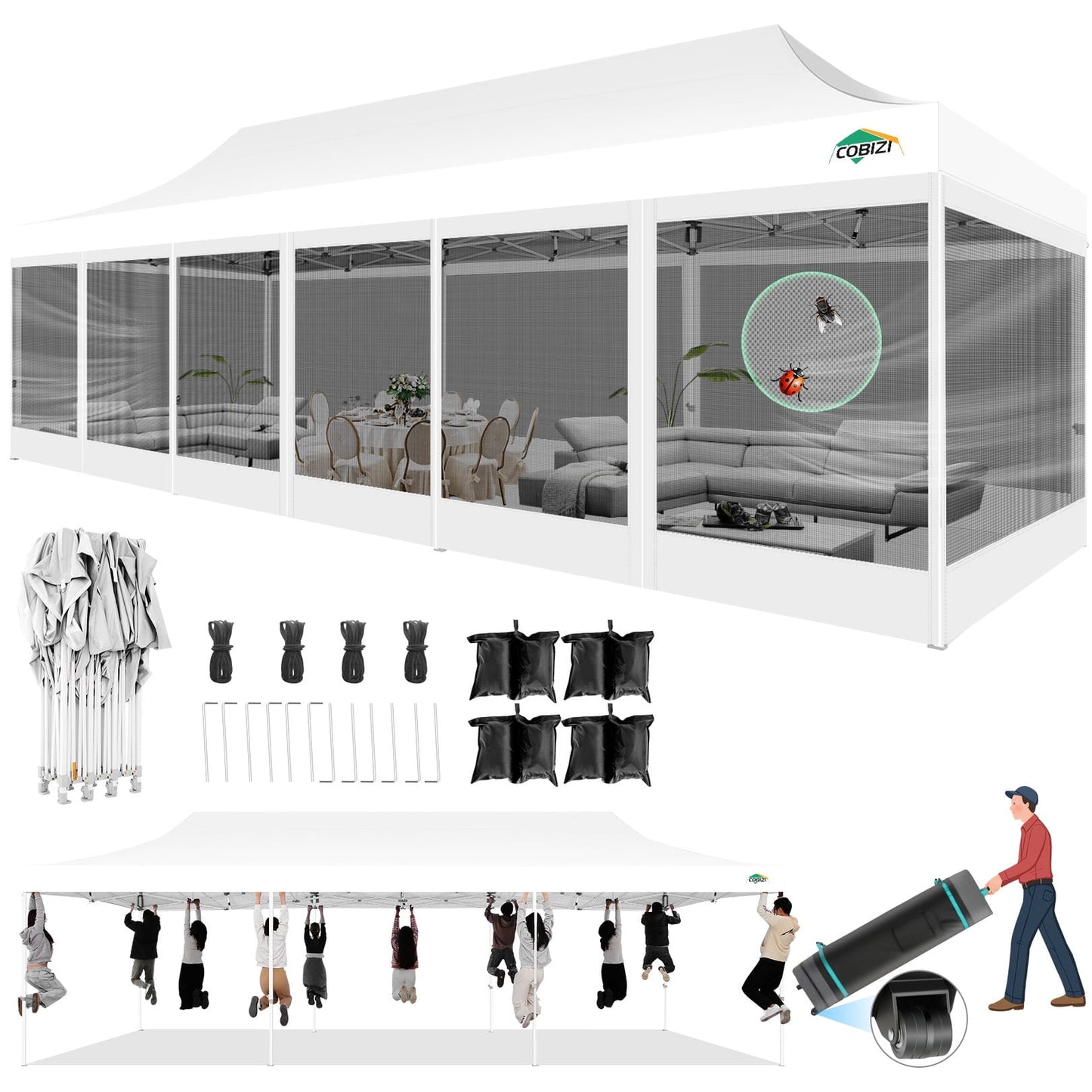 COBIZI 10x30 Heavy Duty Pop up Canopy with Mosquito Net,Instant Outdoor Shelter Large Canopy Tent for Outside,Gazebo with Mesh Sidewalls for Party,Backyard,Camping,White