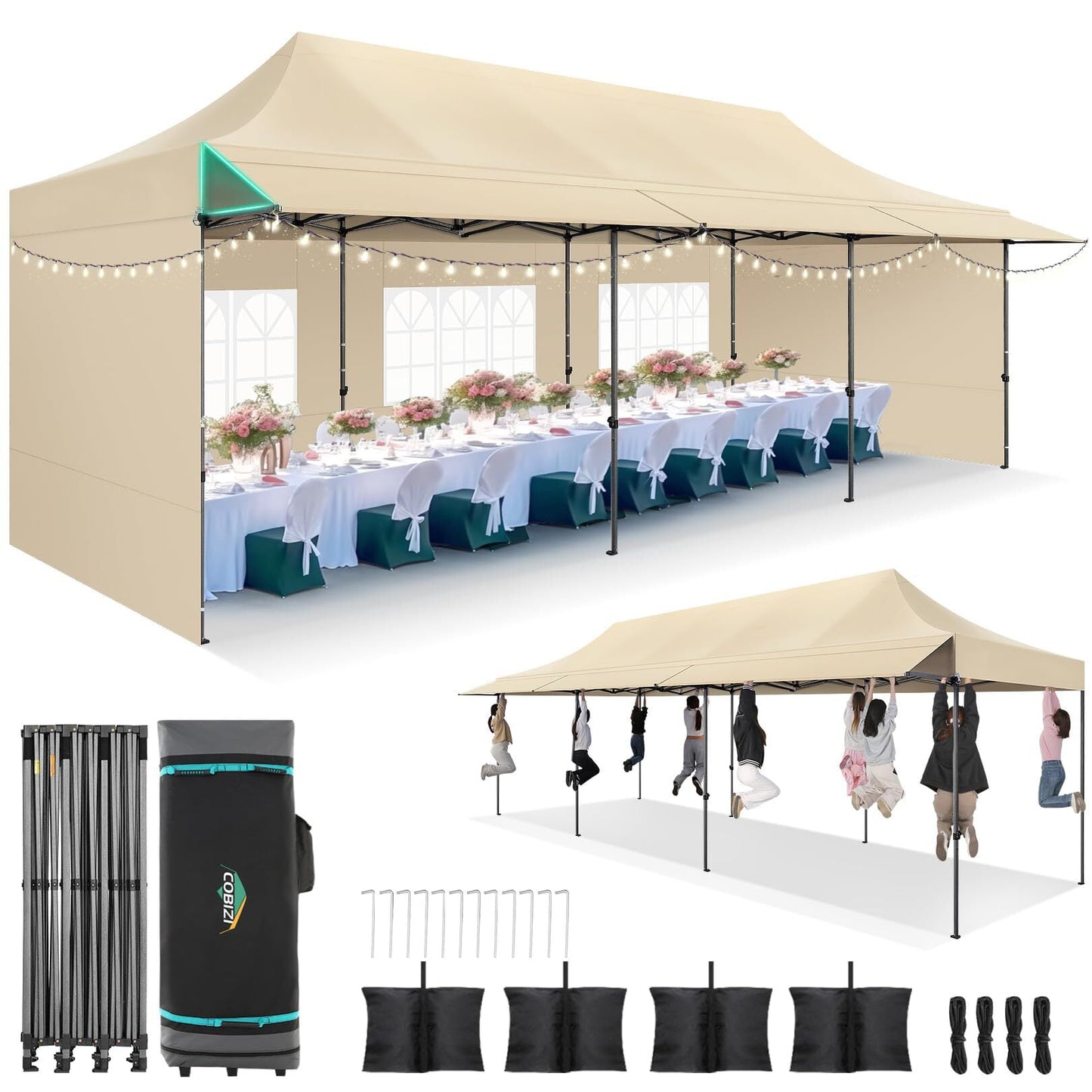 COBIZI 10x30 Pop Up Canopy Heavy Duty Party Tent with Removable Awning and Sidewalls,Easy Up Outdoor Wedding Commercial Canopy,Gazebo All Season Windproof&Waterproof UPF 50+,Blue