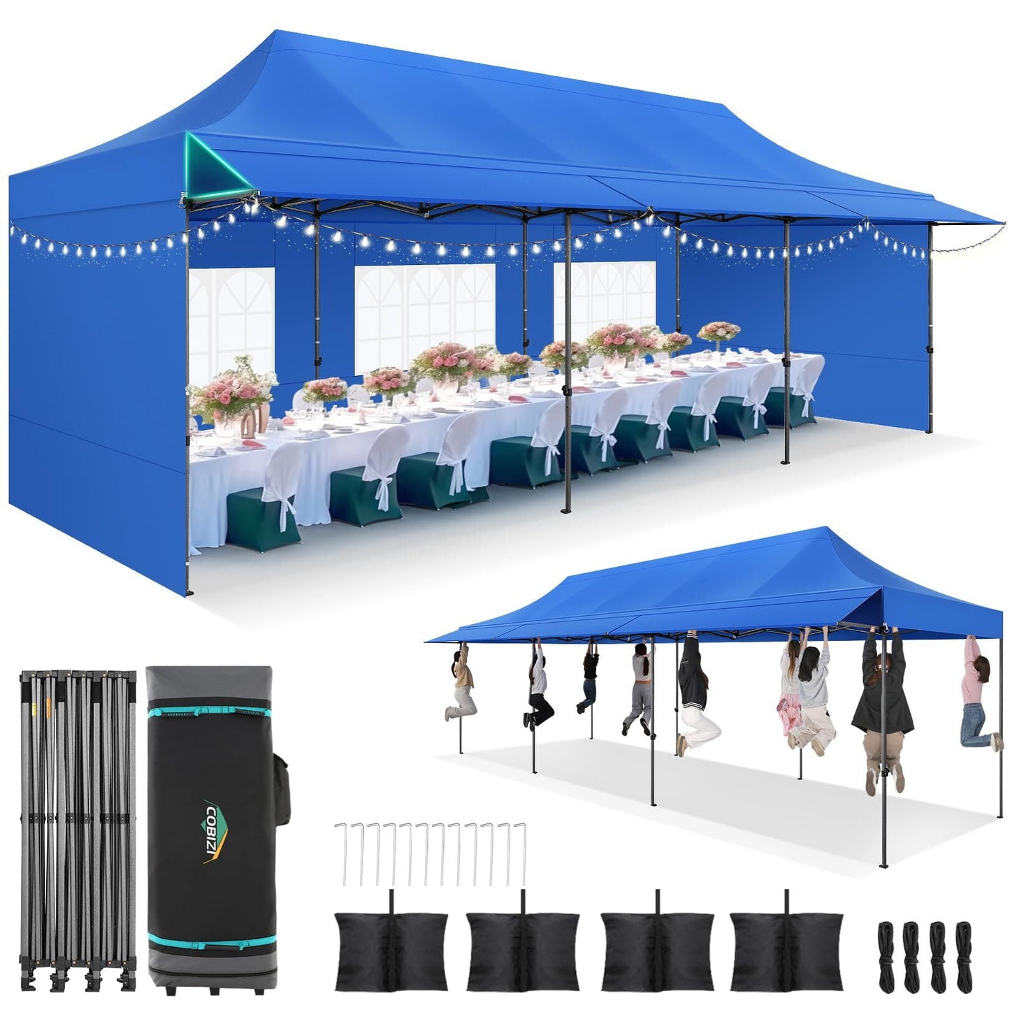 COBIZI 10x30 Pop Up Canopy Heavy Duty Party Tent with Removable Awning and Sidewalls,Easy Up Outdoor Wedding Commercial Canopy,Gazebo All Season Windproof&Waterproof UPF 50+,Blue