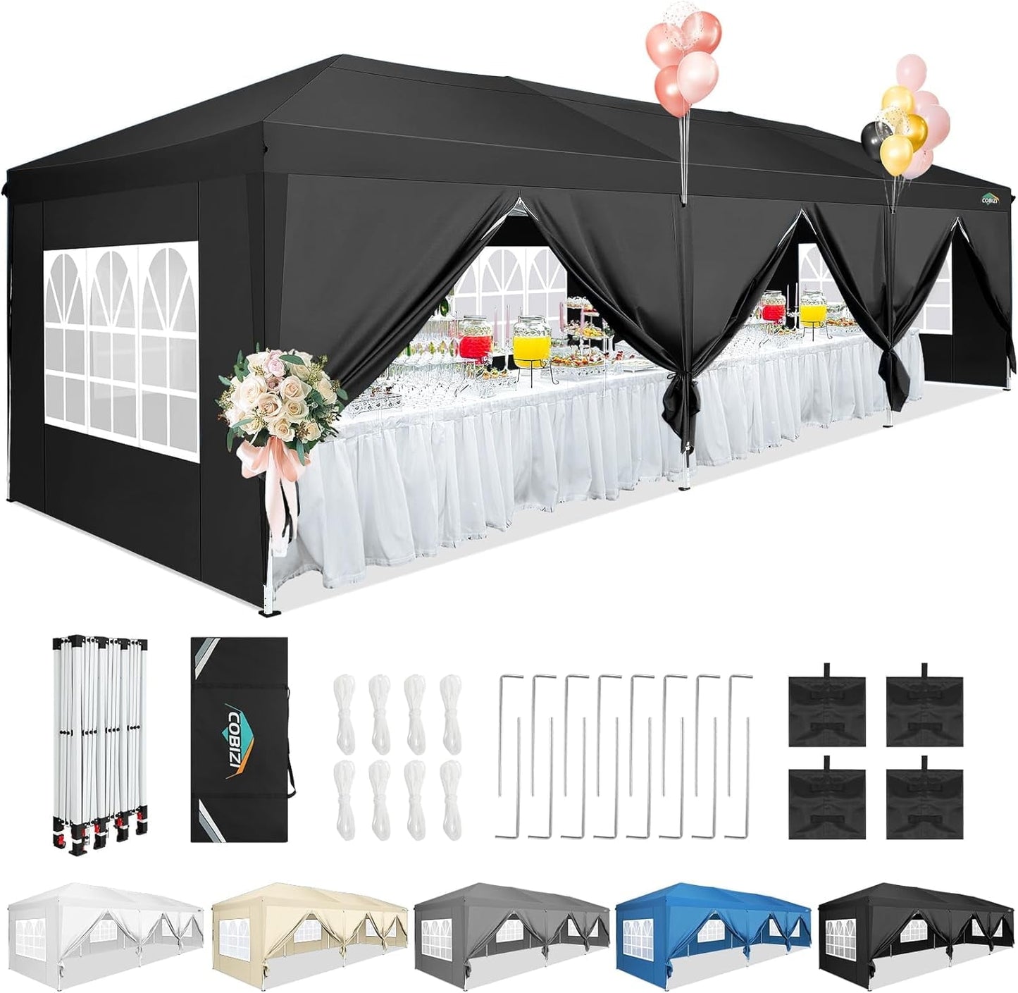 COBIZI 10x30 Canopy Party Tent Tent with 8 Sidewalls,Waterproof UPF 50+ 0utdoor Wedding Event Tents for Parties Backyard Pop up Canopy Gazebo with 4 Sand Bags&Carry Bags,Black